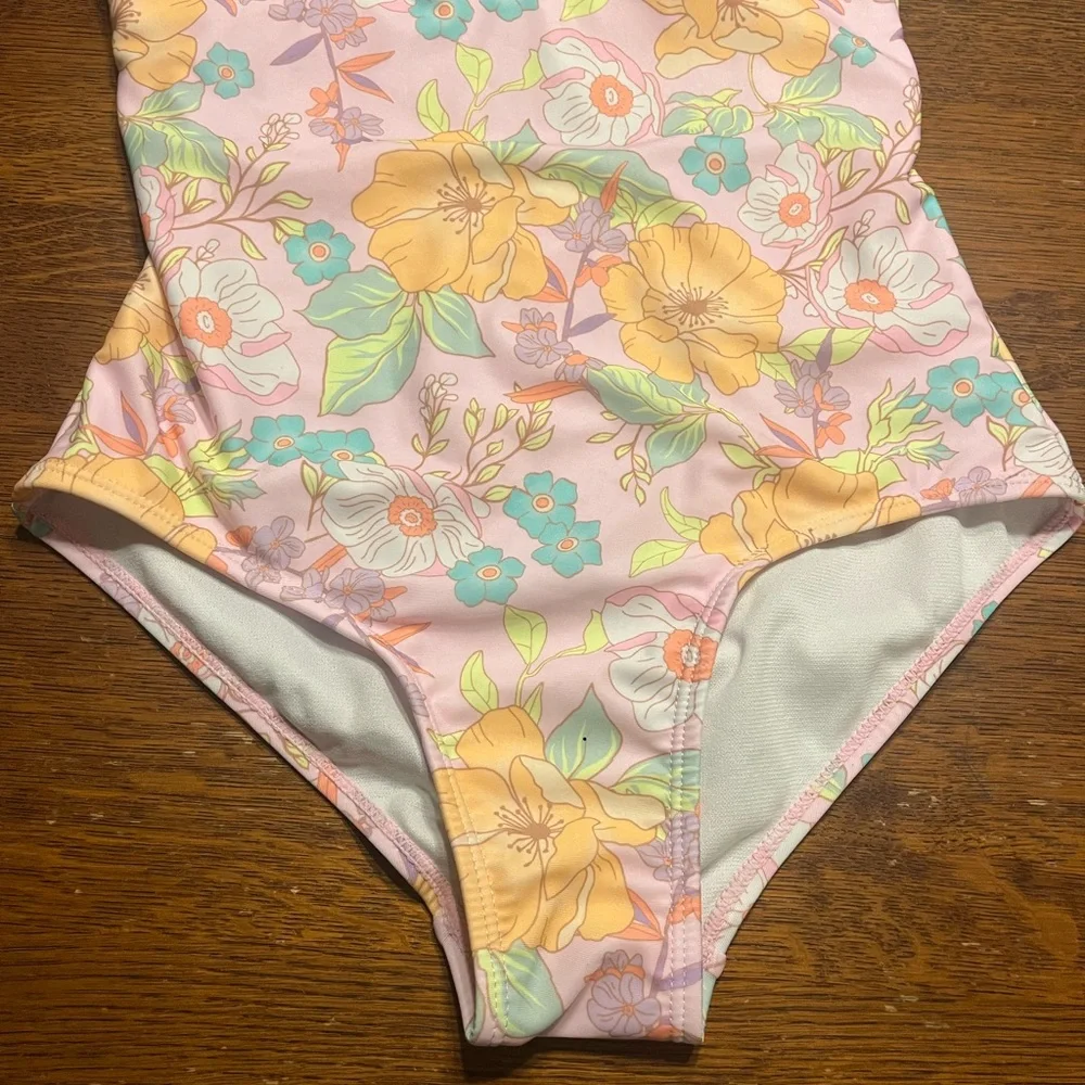 Justice Floral Girls Cute One Piece Swimsuit L 12/14 Swimwear Tie Detail at Back - Picture 4 of 11